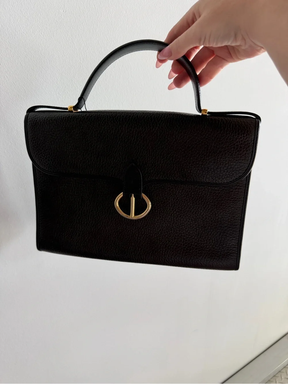 Vintage Dior Black Pebbled Leather Top-Handle Satchel with Gold Ring